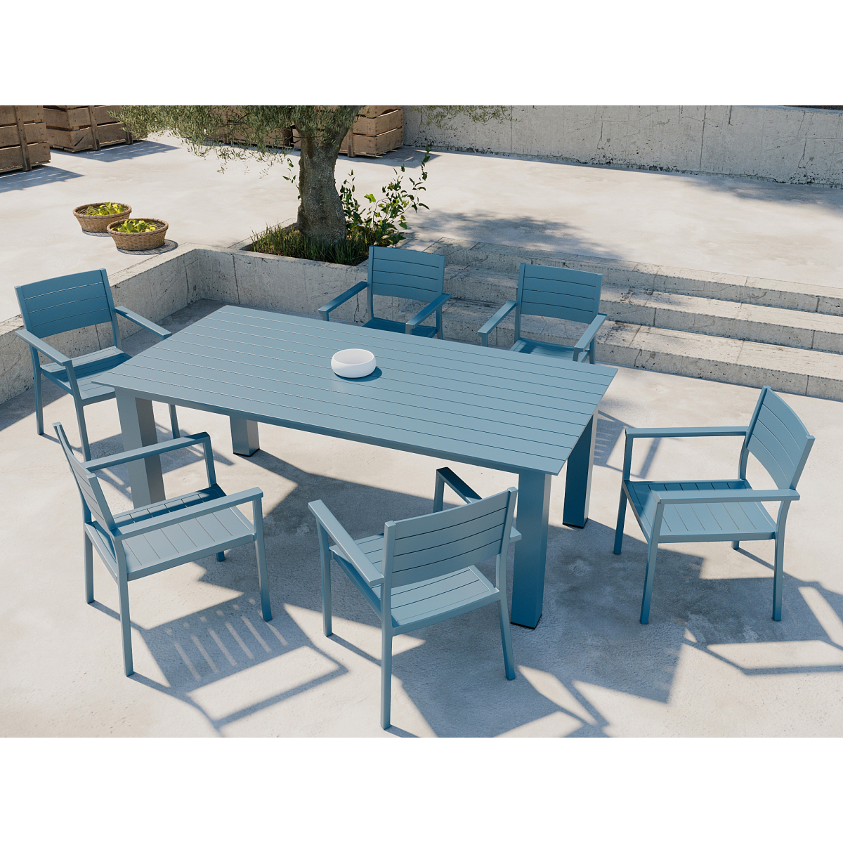 Ensemble de repas table rectangulaire + 6 fauteuils bleu Madura