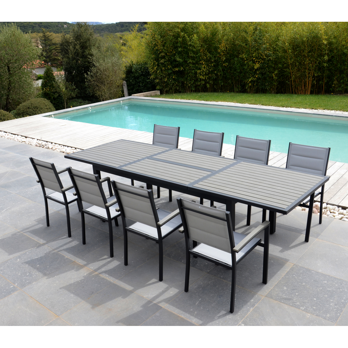 Ensemble De Repas Extensible Gris + 8 Fauteuils - Aluminium